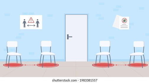 Social distancing in public area flat color vector illustration. Safety measures. Comfortable environment for visitors. Spacious 2D cartoon waiting room with covid precautions posters on background