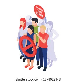Social distancing in public areas during pandemic isometric vector illustration