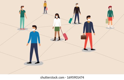 Social distancing, social distancing in public, people practice social distancing to protect from COVID-19 coronavirus outbreak spreading concept, avoid social contact. Vector Illustration