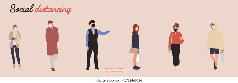 Social distancing, social distancing in public, people practice social distancing to protect from corona virus outbreak spreading concept, avoid social contact. Vector Illustration in a flat style