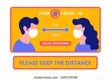 Social distancing in public  to prevent the spread of the corona virus.  Mans and woman keep distance. Covid-19 virus in air. Quarantine measures.