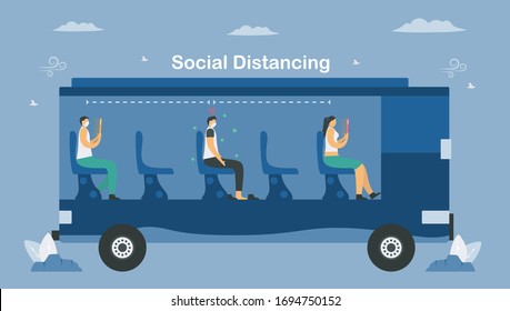 Social distancing in public transport bus. Sit away from people. Save life from coronavirus outbreak. Vector illustration designs in flat style.