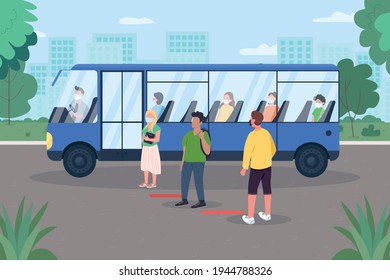 Social distancing for public transport flat color vector illustration. Covid pandemic. Virus spread prevention. Bus passengers in medical masks 2D cartoon characters with outdoor scene on background