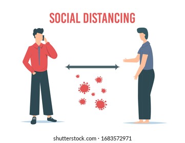 Social Distancing Quarantine, people surrounded by viruses. Social Distancing keeping distance for infection risk and disease. Coronavirus outbreak vector concept. Covid-19 virus in air. Staying home.