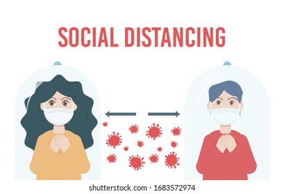 Social Distancing Quarantine, people surrounded by viruses. Social Distancing keeping distance for infection risk and disease. Coronavirus outbreak vector concept. Covid-19 virus in air. Staying home.