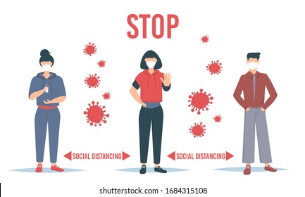 Cuarentena de distanciamiento social, gente rodeada de virus. Distancia social manteniendo la distancia por riesgo de infección y enfermedad.Concepto de vector de brote de coronavirus. Virus Covid-19 en el aire. Quédate en casa.