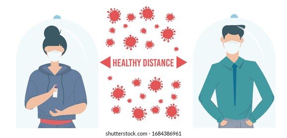 Social Distancing Quarantine, people surrounded by viruses. Social Distancing keeping distance for infection risk and disease. Coronavirus outbreak vector concept. Covid-19 virus in air. Staying home.