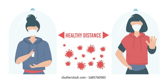 Social Distancing Quarantine, people surrounded by viruses. Social Distancing keeping distance for infection risk and disease. Coronavirus outbreak vector concept. Covid-19 virus in air. Staying home.