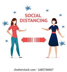 Social Distancing Quarantine, people surrounded by viruses. Social Distancing keeping distance for infection risk and disease. Coronavirus outbreak vector concept. Covid-19 virus in air. Staying home.