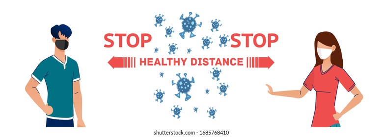 Social Distancing Quarantine, people surrounded by viruses. Social Distancing keeping distance for infection risk and disease. Coronavirus outbreak vector concept. Covid-19 virus in air. Staying home.