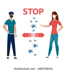 Social Distancing Quarantine, people surrounded by viruses. Social Distancing keeping distance for infection risk and disease. Coronavirus outbreak vector concept. Covid-19 virus in air. Staying home.