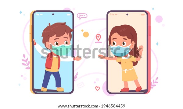 Social distancing quarantine problem\
concept. Boy, girl kids couple in masks meet online during\
pandemic. Persons on mobile cell phone screens reaching hands.\
Virtual communication vector\
illustration