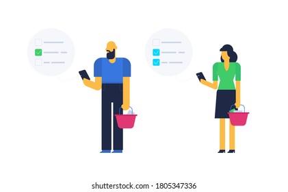 social distancing in a queue, time spending waiting concept, people looking in a phones, while standing in a grocery store queue. flat design vector illustration.