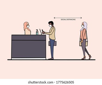 Social distancing at reception area. Muslim people and woman with hijab wearing face masks queue up and maintain social distancing to protect and prevent from covid-19 coronavirus