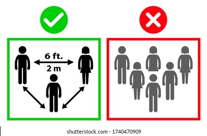Social Distancing rectangle box sign. Keep a Safe Distance of 6 Feet 2 Meter Sticker Icon. Right and Wrong Maintain Safe Distance 6 ft. 2 m. Vector Image.