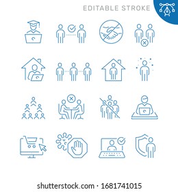 Social distancing related icons. Editable stroke. Thin vector icon set