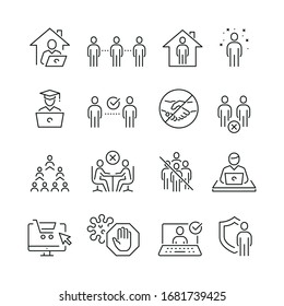 Social Distancing Related Icons: Thin Vector Icon Set, Black And White Kit