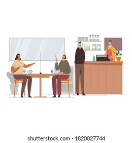 Social Distancing in Restaurant after quarantine. New normal vector illustration.