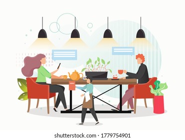 Distancia social para restaurante, cafetería, reapertura de bar post Covid-19 concepto vector ilustración plana. Restaurante mesero que sirve a una pareja sentada en una mesa al frente de la otra a larga distancia.