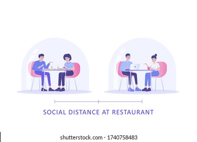 Social Distancing at Restaurant Concept. Young people sitting at tables separated from each other and eating. Protection from Coronavirus. Prevention of COVID-19 spread. Isolated vector illustration
