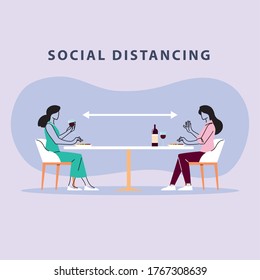 social distancing in restaurant, men eating on table, protection and prevention of coronavirus or covid-19 vector illustration design