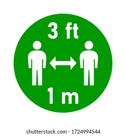 Social Distancing Round Keep a Safe Distance of 3 Feet 1 Meter Round Sticker Badge Icon. Vector Image.