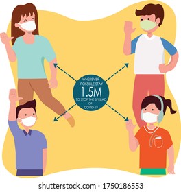 Social distancing, safe distance, people wearing surgical mask, keep distance and avoid physical contact to protect from COVID-19. People don't shake hands but keep to greet each other as a new normal
