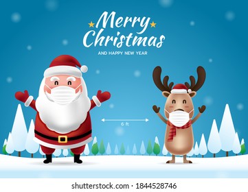 Social distancing with Santa Claus and Reindeer with surgical mask. Merry Christmas and Happy New Year.  COVID-19 and Corona virus protection. Vector illustration.