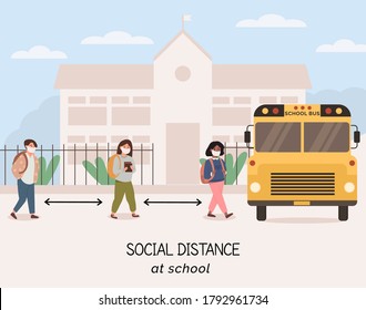 Social distancing at school after pandemia. Back to school concept after epidemic. Kids quing to pick up by bus wearing face masks and maintaining safe distance. New normal scene for children.