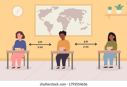 Social distancing at school concept illustration. Mix race kids sitting in the classroom. Children maintaing safe distance inside the lecture room. Back to school vector illustration.
