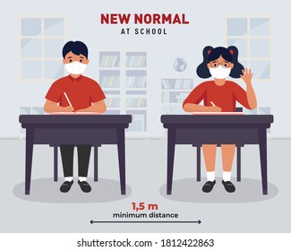 Social distancing in the school. Coronavirus COVID-19 Guidance for Schools. New Rules, new normal for school. students wearing face mask and maintaing safe distance. Students sitting in the classroom