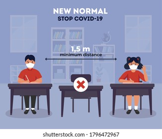 Social distancing at school illustration. new normal at school. Back to school. Children maintaing safe distance. new normal after pandemia. students wearing face masks. Kids sitting in the classroom