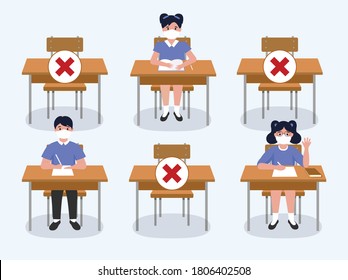 Social distancing at school illustration. New normal at school during coronavirus. Coronavirus (COVID-19) Guidance for Schools. Pupils wearing face masks. Students sitting in the classroom. 