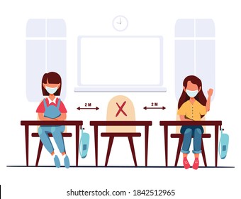 social distancing at school. new normal back to school. student wearing medical masks at school during corona virus or covid-19. outbreak new normal lifestyle. Vector. illustration