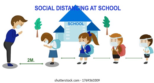 Social distancing at school and students wearing mask at school.vector illustration 