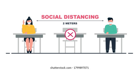 Social distancing at school. School students wearing masks. Vector illustration.