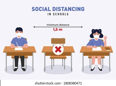 Social distancing in schools illustration. New normal at school. Coronavirus (COVID-19) Guidance for Schools. New Rules at school. Children maintaing safe distance. Students sitting in the classroom