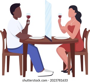 Social distancing screen between couple semi flat color vector characters. Full body people on white. Restaurant dinner isolated modern cartoon style illustration for graphic design and animation