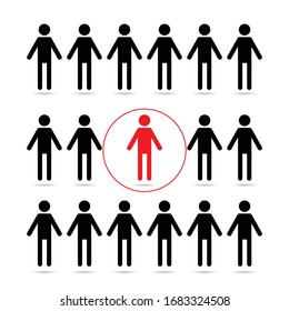 Social distancing and self isolation during the coronavirus COVID19 quarantine. Crowd of people and infected red person in the isolated buble. Concept vector illustration.