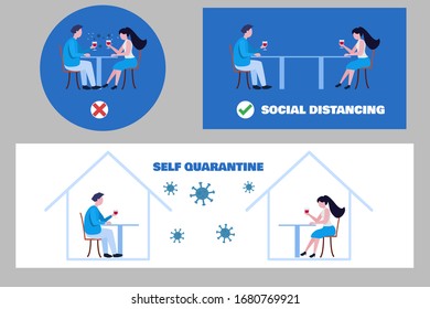 Social Distancing and Self Quarantine Concept. Man and Women drinking wine together and Spreading Coronavirus (covid-19).  Flat Cartoon Vector Illustration.