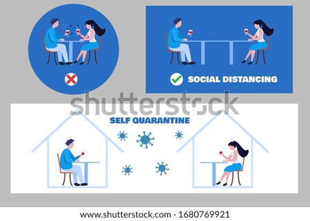 Social Distancing and Self Quarantine Concept. Man and Women drinking wine together and Spreading Coronavirus (covid-19).  Flat Cartoon Vector Illustration.