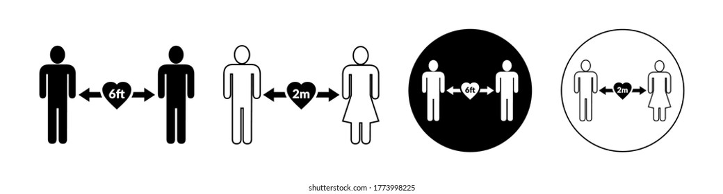 Social distancing set of icon. Simple man or woman black and white silhouettes with arrow distance between. Can be used during coronavirus covid-19 outbreat prevention.