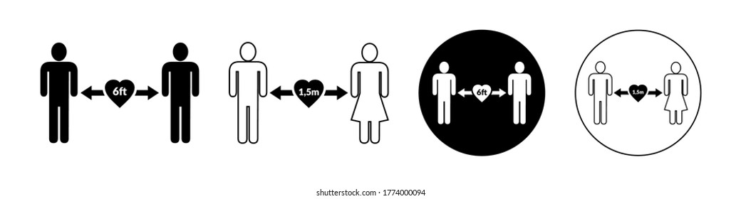 Social distancing set of icon. Simple man or woman black and white silhouettes with arrow distance between. Can be used during coronavirus covid-19 outbreat prevention.