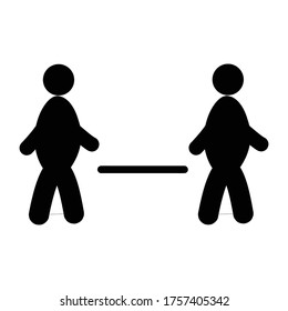 Juego de íconos de distanciamiento social. Siluetas simples de hombre o mujer en blanco y negro con una distancia de flecha entre. Puede utilizarse durante la prevención de brotes de coronavirus covid-19