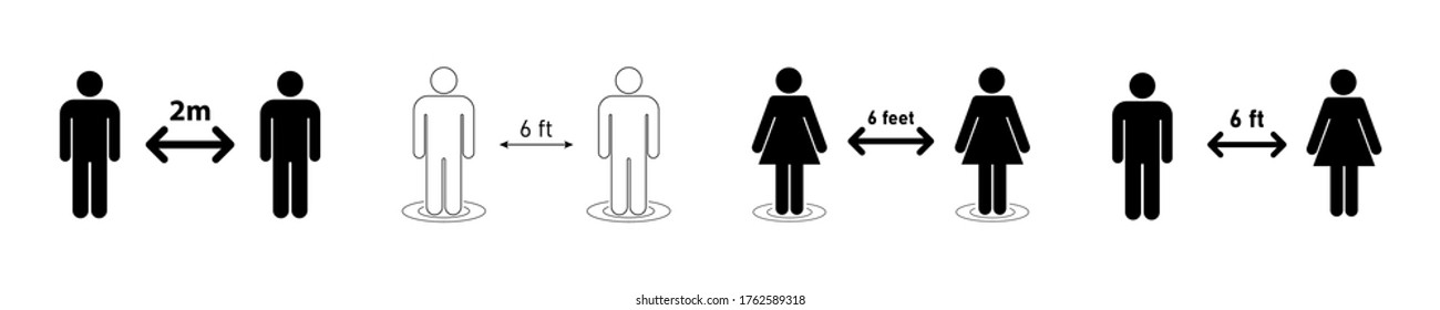 Social distancing set of icons. Simple man or woman black and white silhouettes with arrow distance between. Can be used during coronavirus covid-19 outbreak prevention.