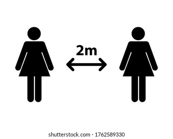 Social distancing set of icons. Simple man or woman black and white silhouettes with arrow distance between. Can be used during coronavirus covid-19 outbreak prevention.