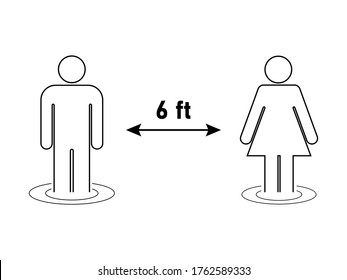 Social distancing set of icons. Simple man or woman black and white silhouettes with arrow distance between. Can be used during coronavirus covid-19 outbreak prevention.