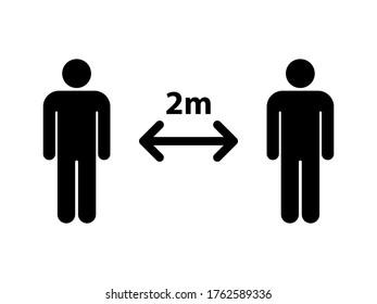 Social distancing set of icons. Simple man or woman black and white silhouettes with arrow distance between. Can be used during coronavirus covid-19 outbreak prevention.