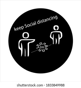 Juego de íconos de distanciamiento social. Siluetas simples de hombre o mujer en blanco y negro con una distancia de flecha entre. Puede utilizarse durante el tratamiento con coronavirus covid-19 