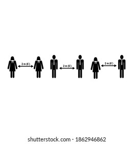 Social distancing set of icons. Simple man or woman black and white silhouettes with arrow distance between. Can be used during coronavirus covid-19 outbreak prevention.For office.